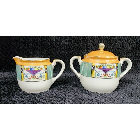 Japanese Hand-Painted Lusterware Cream & Sugar Set – Art Deco Motif (1921–1941) - Picture 2 of 16